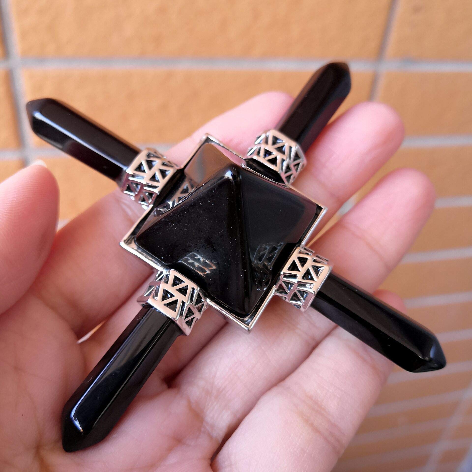 Pyramiden-Chakra-Punkte-Energiegenerator, dekorieren Reiki-Heilkristall 3.5" Black Obsidian(4 Point)-1