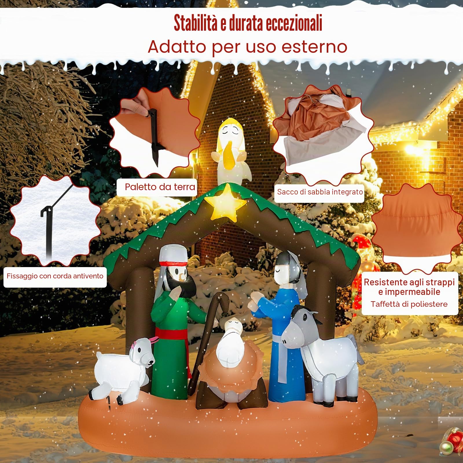SOARS Decoration Noel, Presepe di Natale Natività, gonfiabile, 172 x 76 x 180 cm, con 7 luci LED lucide, soffiatore incorporato, decorazione natalizia per esterni e interni per giardino, cortile