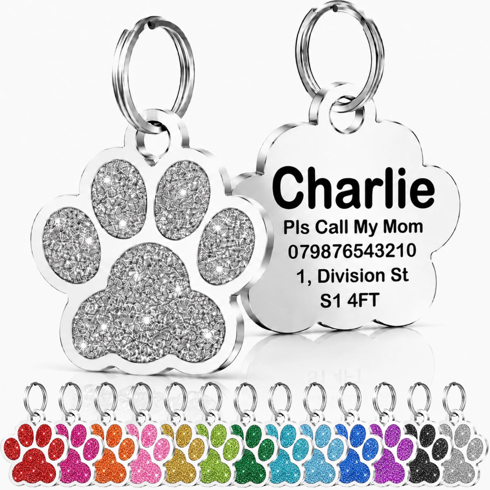 Personalised Cat Tags, Dog Tags for Pets UK Prime, Deep Engraved Pet ID Tags for Dogs & Cats, Glitter Paw Print Stainless Steel Cat Name Tag, Doggy Cat Kitten Kitty Puppy Tag (Silver Paw, S)