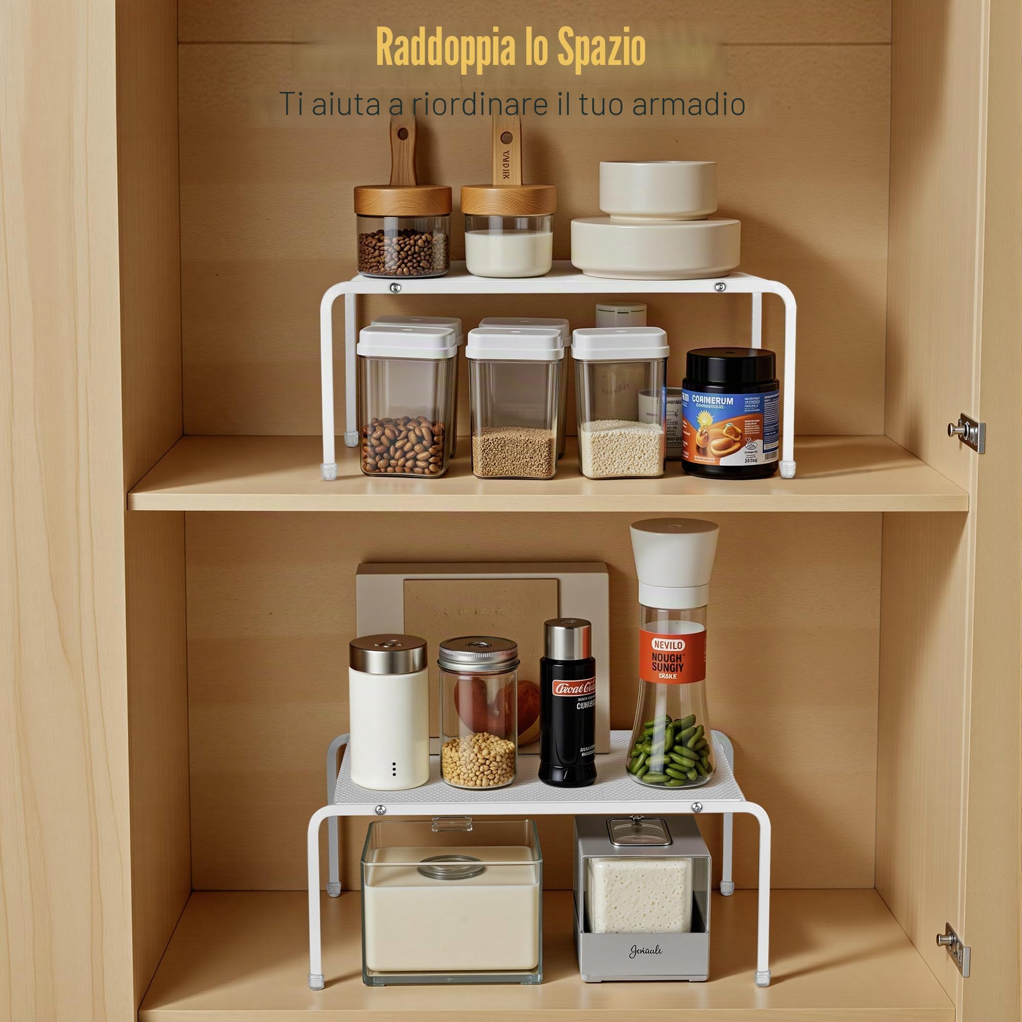 QIWODE Set di 3 organizzatori per armadio da cucina, mensola in metallo per spezie, piatti, vasetti, tazze, divisorio per cucina, dispensa, armadio, ufficio, bancone e frigorifero