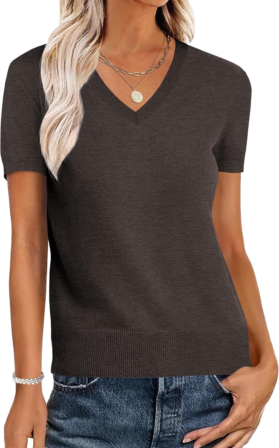 ANRABESS Women Wool Blend Sweater Summer 2026 Short Sleeve V Neck Pullover Top Business Casual Outfit Beach Vacation Clothes