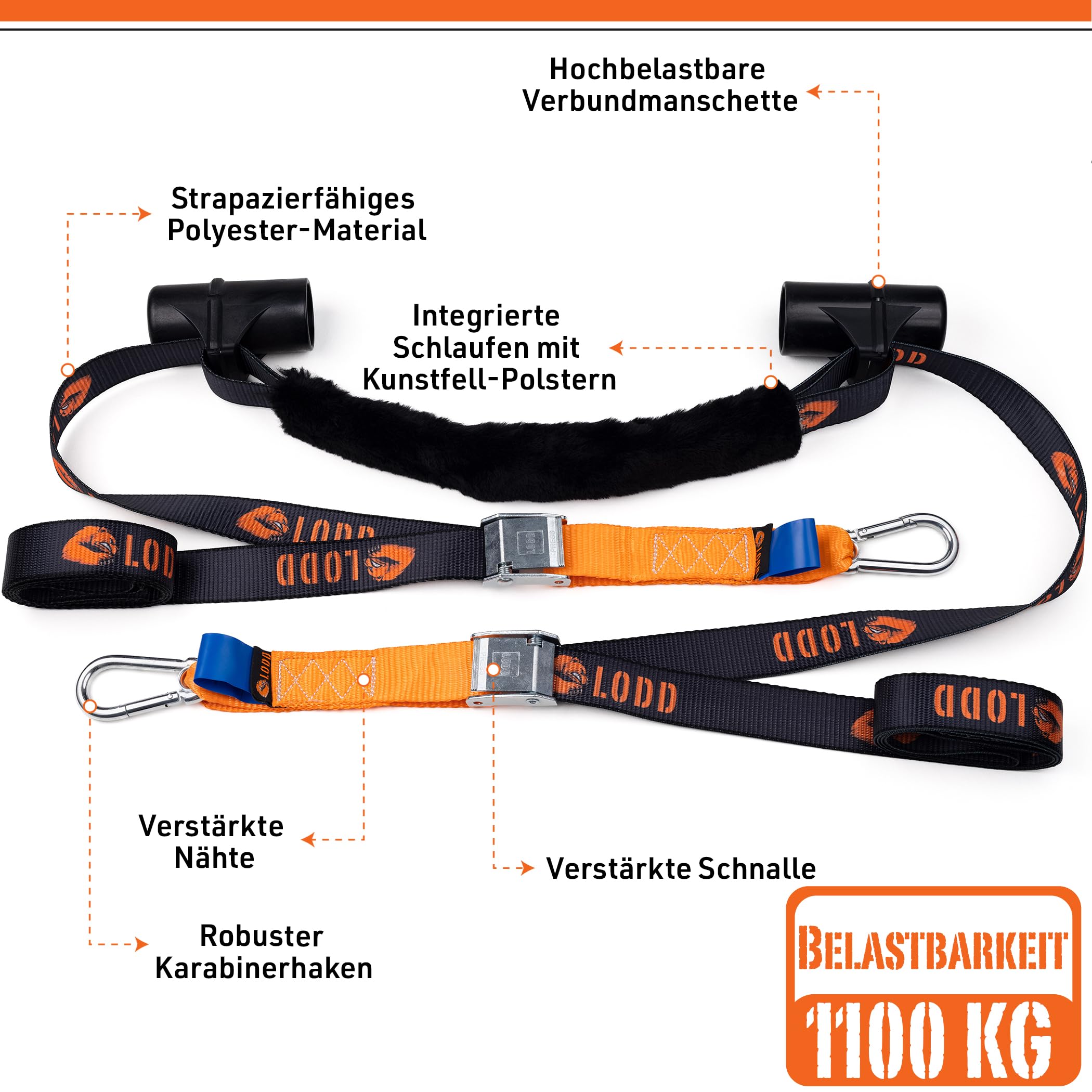 LODD – 2 Gurte für Motorrad, Befestigung am Lenker durch starre Schale (Schnallen/Starre Manschetten)