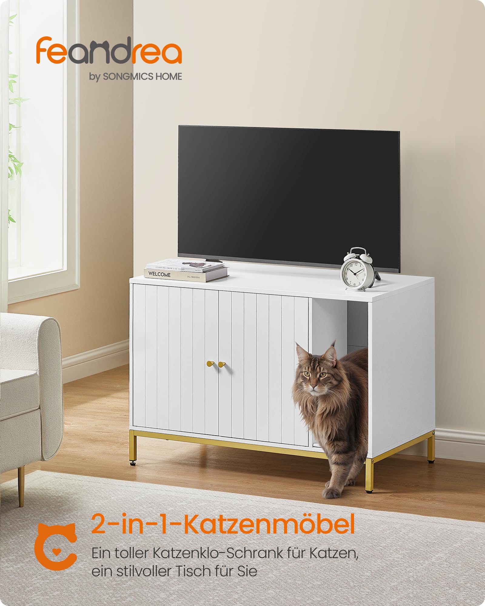 Feandrea Katzenklo-Schrank, Katzenhaus, Katzentoilette, mit Kratzmatte, hohe Beine, für Katzen, Beistelltisch, 90 x 48 x 61,5 cm, weiß-goldfarben PCL027W01