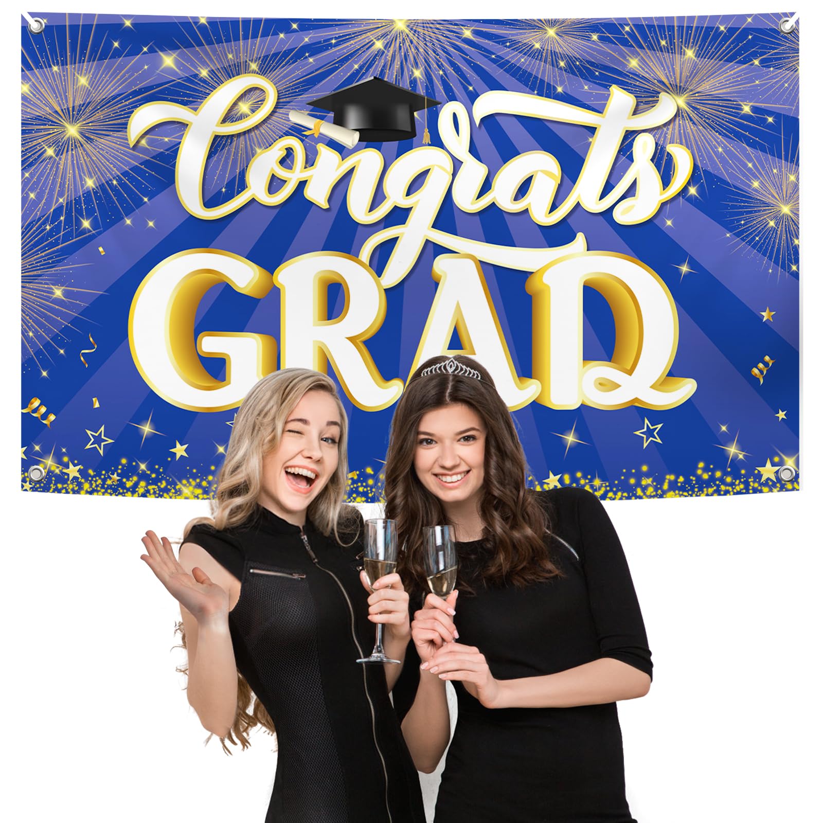 Großes Abschluss-Banner 'Congratulations' 183,9 X 111,8 Cm – Blaue & Goldene Partydekoration Für Klasse 2024