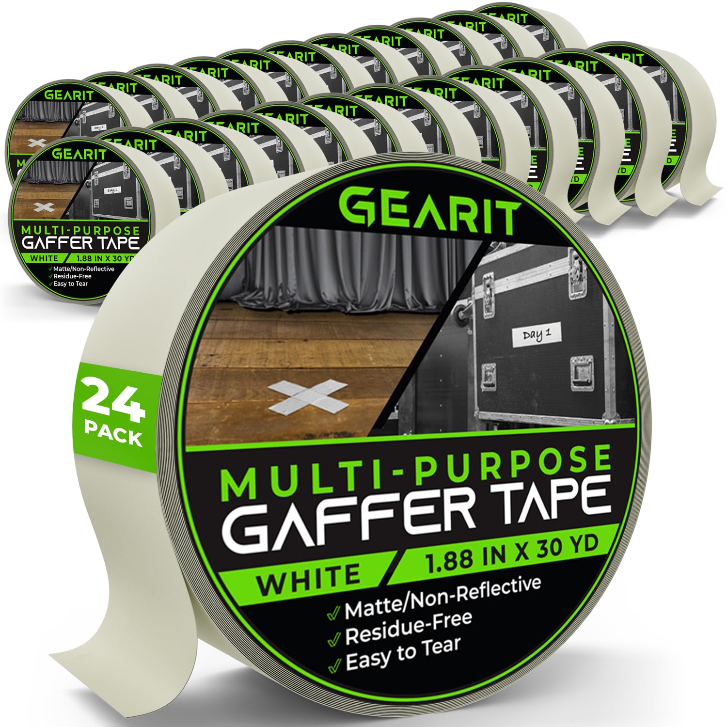 GEARit Gaffer Tape (24-Pack, 1.88in, 30yd Each) White Gaffers Tape, Heavy-Duty Waterproof, Easy to Tear by Hand, Multipurpose Gaff, Non-Reflective Matte - 2 Inch, 24 Roll, 90 Feet 1.88in (24-Pack) White