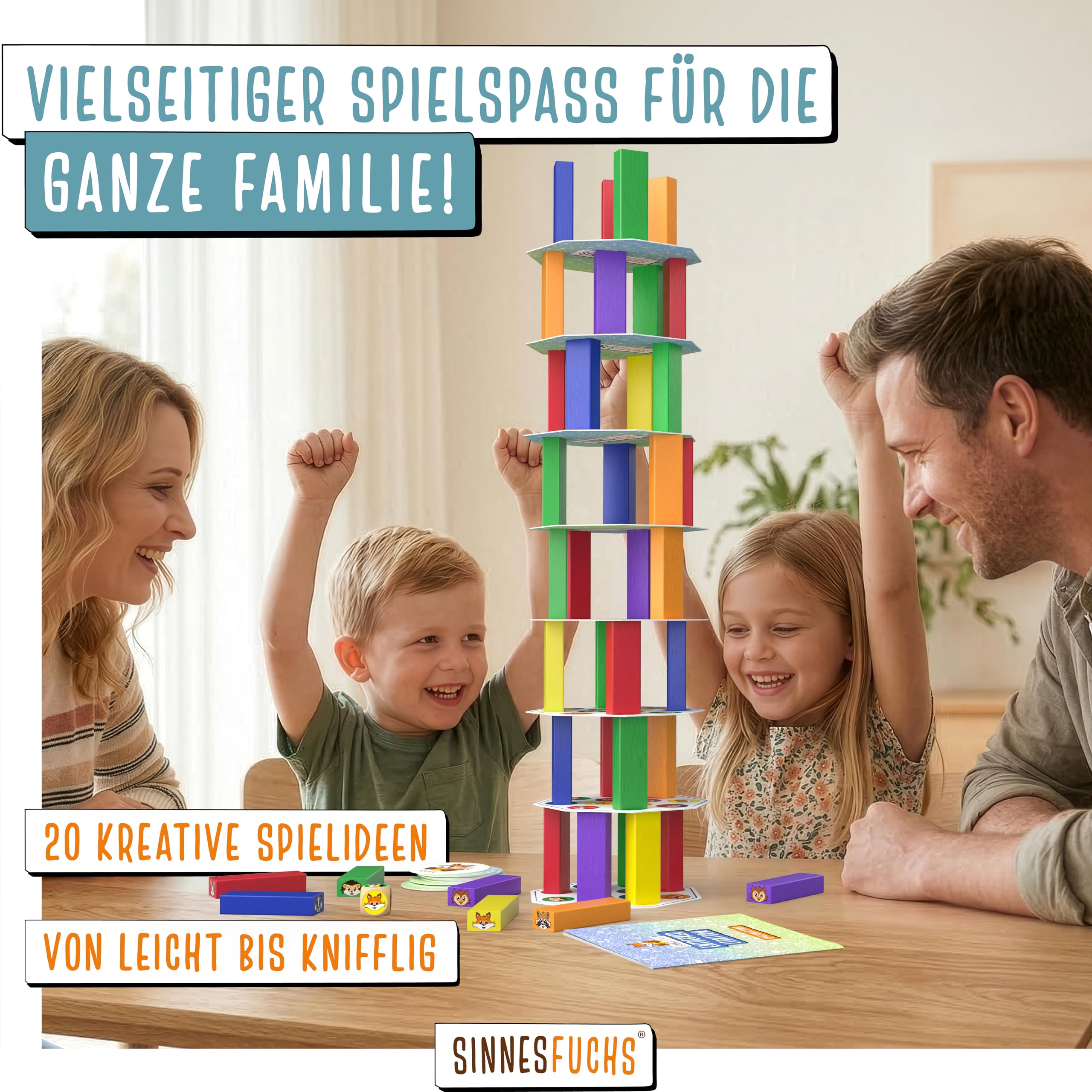 Wackelturm Holz - FSC® 100% Holzspielzeug ab 3 Jahre - kreatives 7 in 1 Lernspielzeug - Stapelspiel Holz Spielzeug - Geschicklichkeitsspiele ab 4 Jahre - Kinder Junge & Mädchen Turm Spiel