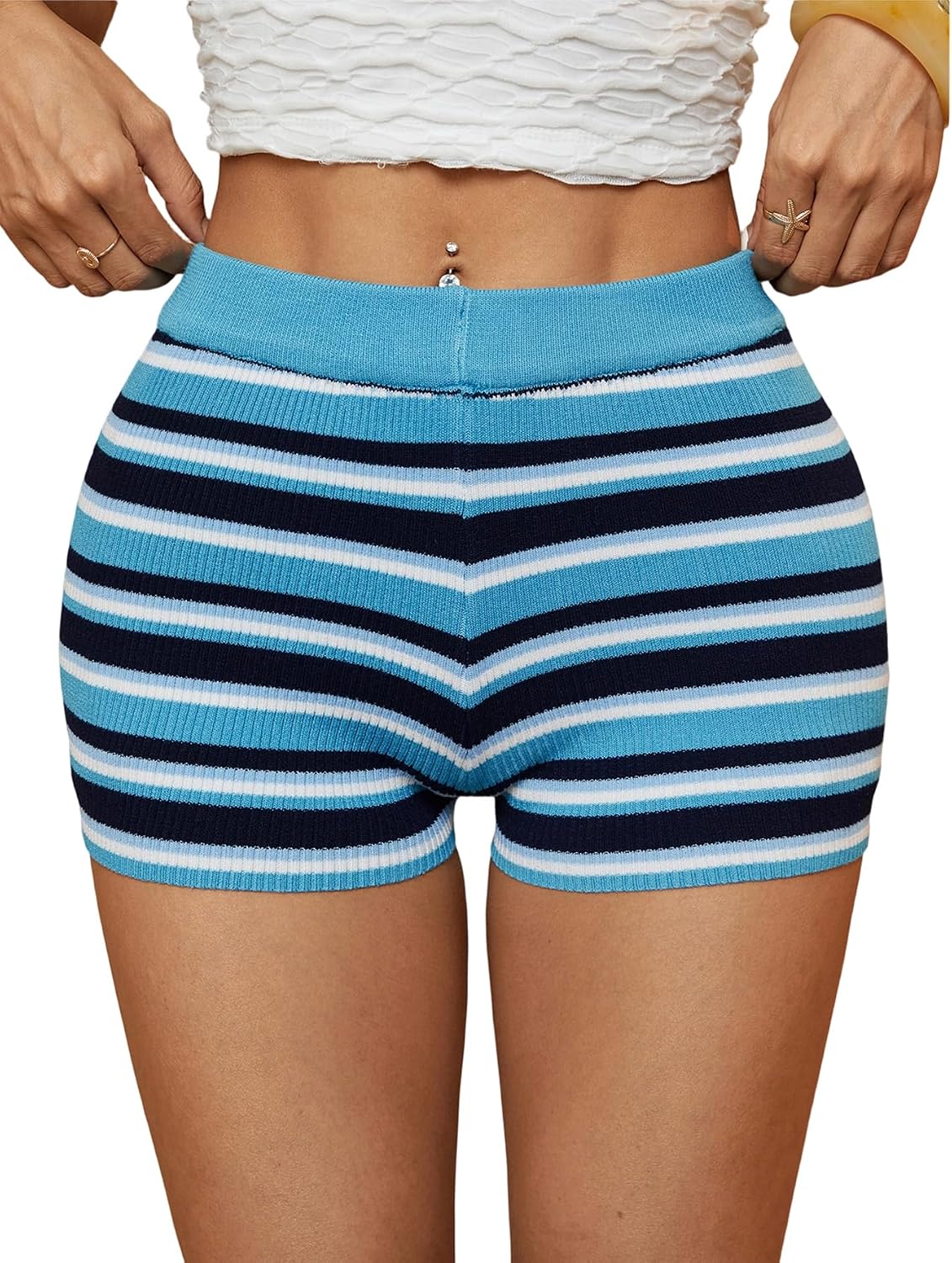 OYOANGLE Women's Y2K Summer Casual Knit Crochet Micro Striped Mini Shorts
