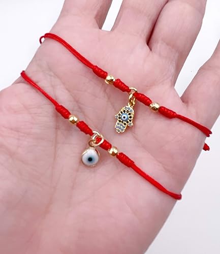 Miniatura 3 de SIFRIMANIA Juego de 2 pulseras de cuerda roja Dijes ajustables de mal de ojo y mano Hamsa para protección espiritual y buena suerte Pulseras de