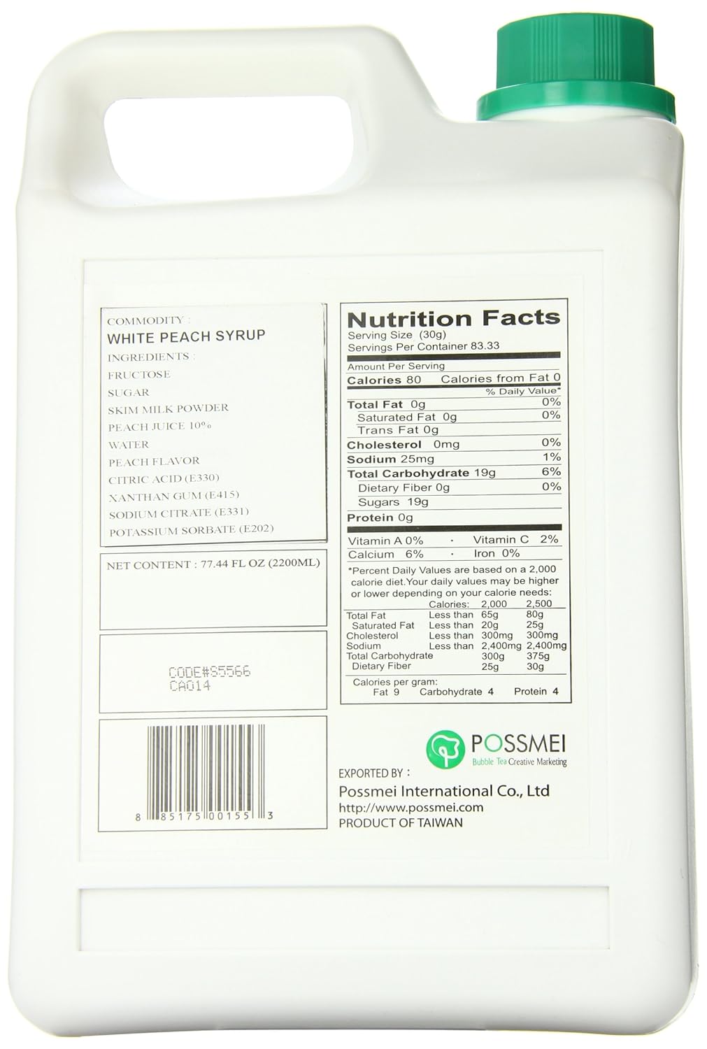 Possmei Flavored Syrup, White Peach, 5.5 Pound