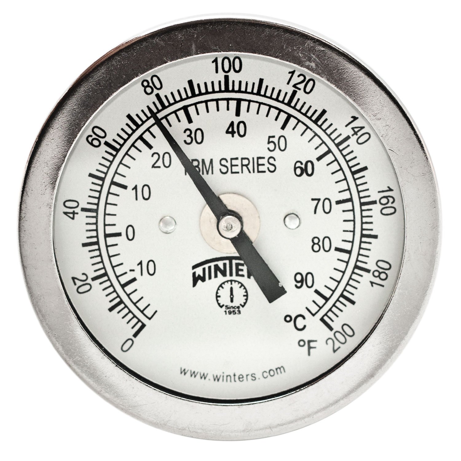 Winters TBM Series Stainless Steel 304 Dual Scale Bi-Metal Thermometer, 2-1/2" Stem, 1/4" NPT Fixed Center Back Mount Connection, 2" Dial, 0-200 F/C Range