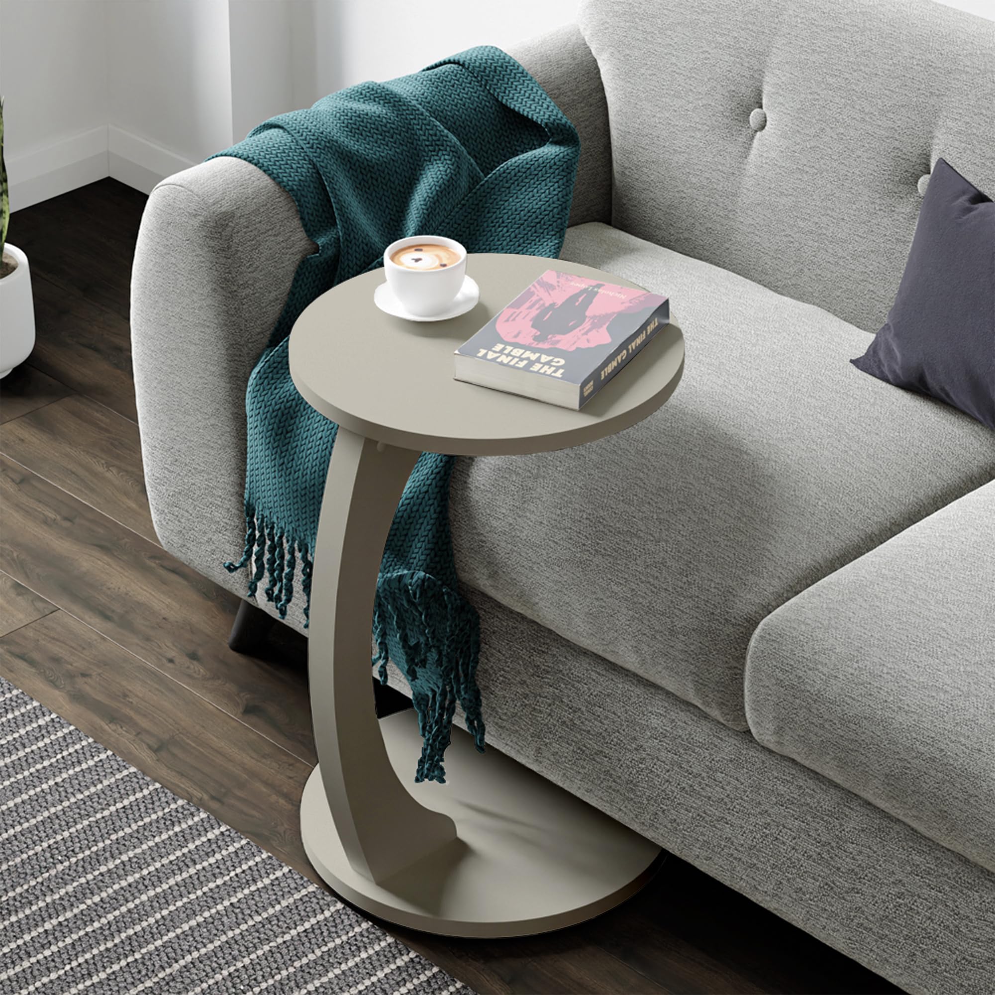 [en.casa] Mesa Auxiliar Holeby en Forma de C Mesa de Centro Redonda Mesita de Salón con 4 Ruedas Uso Versátil 56 x Ø 38 cm - Color Arenisca