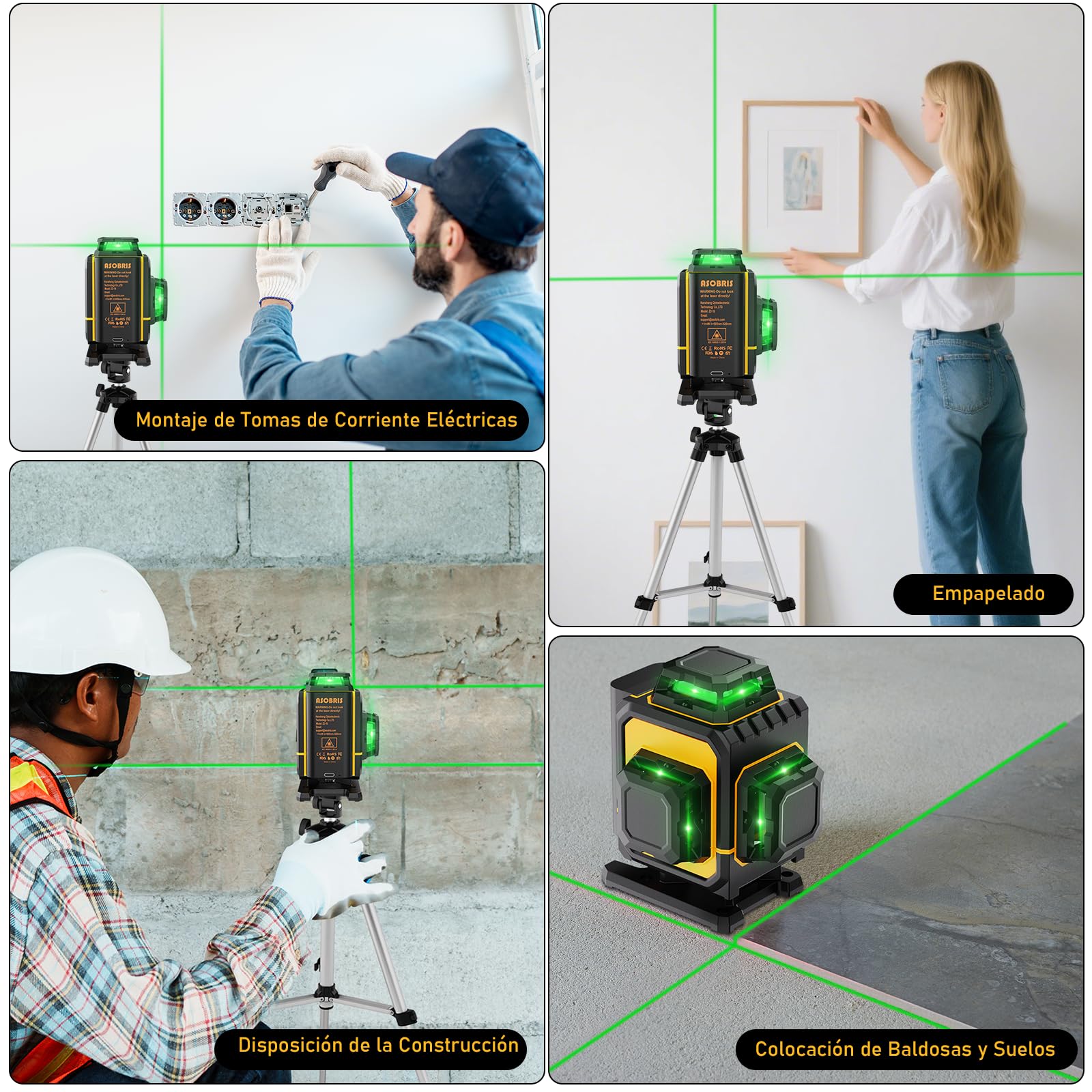 Nivel Laser Autonivelante 360 Grados Con Tripode,ASOBRIS Nivel Láser 4D Verde 16 Líneas,2 x 360 Horizontal y 2 x 360 Verticales,2 Batería Laser Level Para Construcción Exterior Función de Pulso (1)