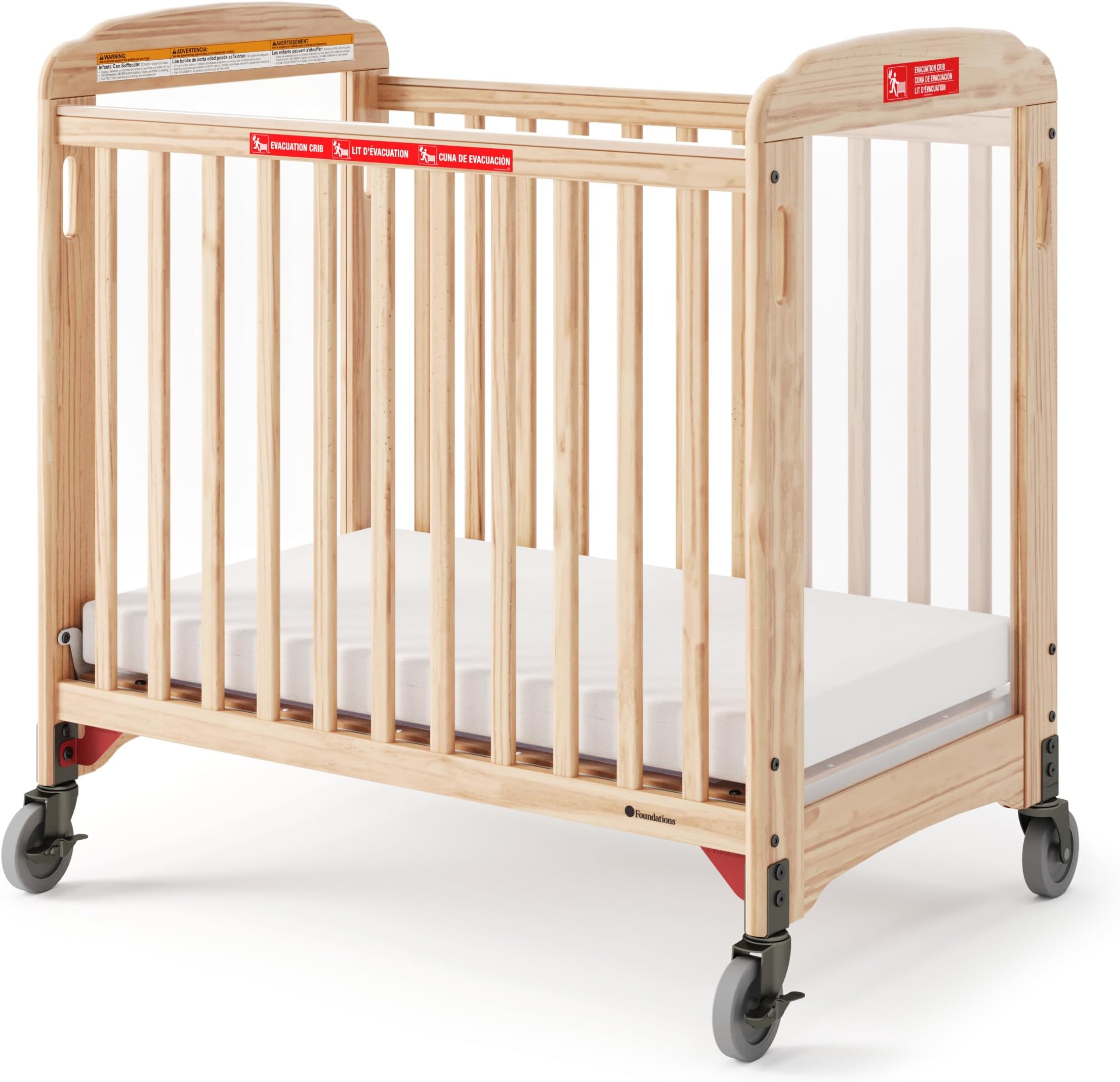 Foundations First Responder Evacuation Fixed-Side Daycare Crib, Features Clearview Panels, Includes Evacuation Frame, 4" Casters, and 3-inch Ultradurable Foam Mattress, Natural