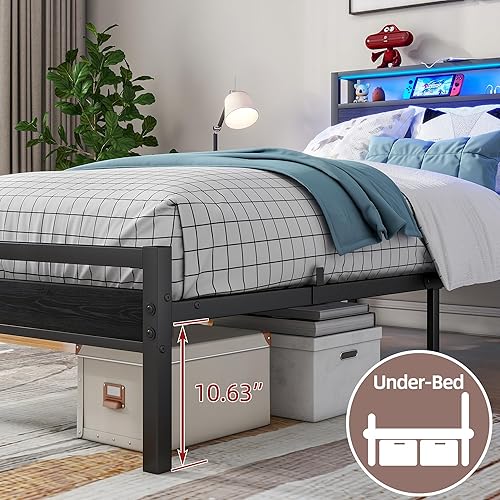 Miniatura 6 de BOFENG Base de cama de metal tamaño individual, cabecera de almacenamiento de madera negra con estación de cargaluces LED, marcos de cama de