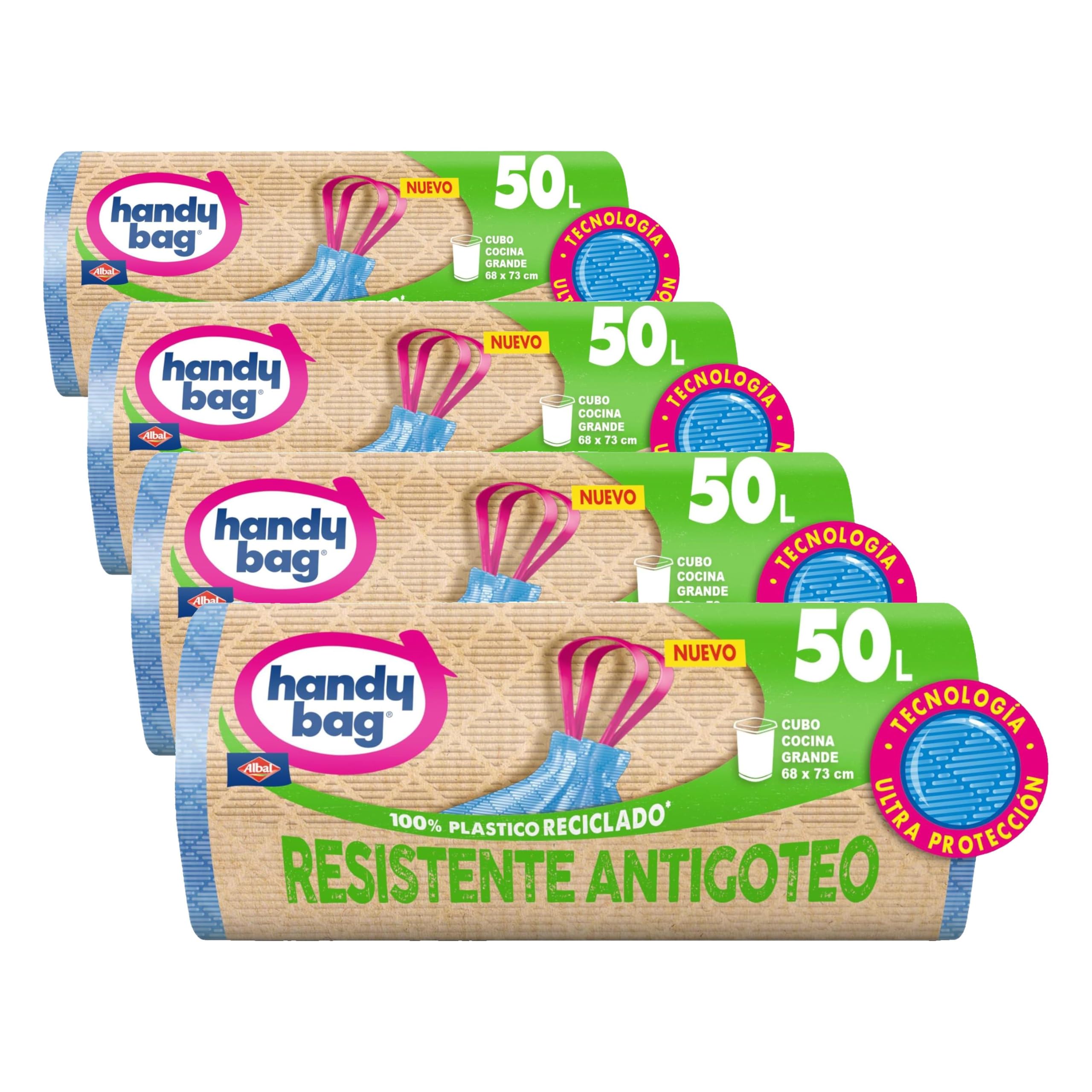 Handy Bag Bolsas de Basura Resistente Antigoteo, 100% Reciclado, Autocierre, 50L, 8 Bolsas, 1 Paquete (Paquete de 4)
