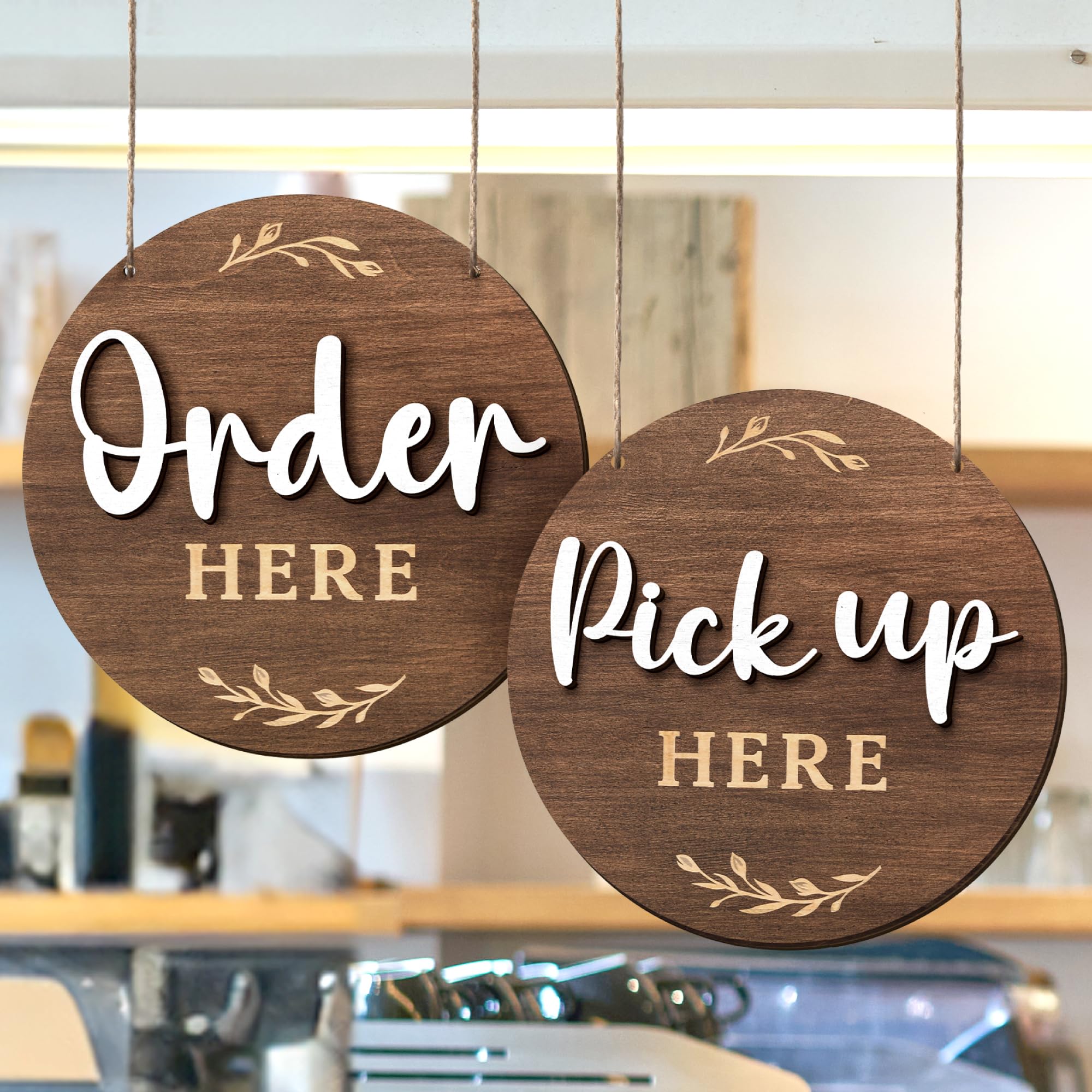 Woodamore Order Here Pick Up Here Signs - 2 Pack Wood Order Here Sign For Restaurant, Cafes, And Bars