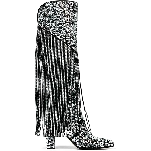 Ouepiano Women's Fringe Rhinestone Cowboy Boots Western Cowgirl Pointed Toe Block High Heel Zipper Knee High Boots for Girl,Party,Dating