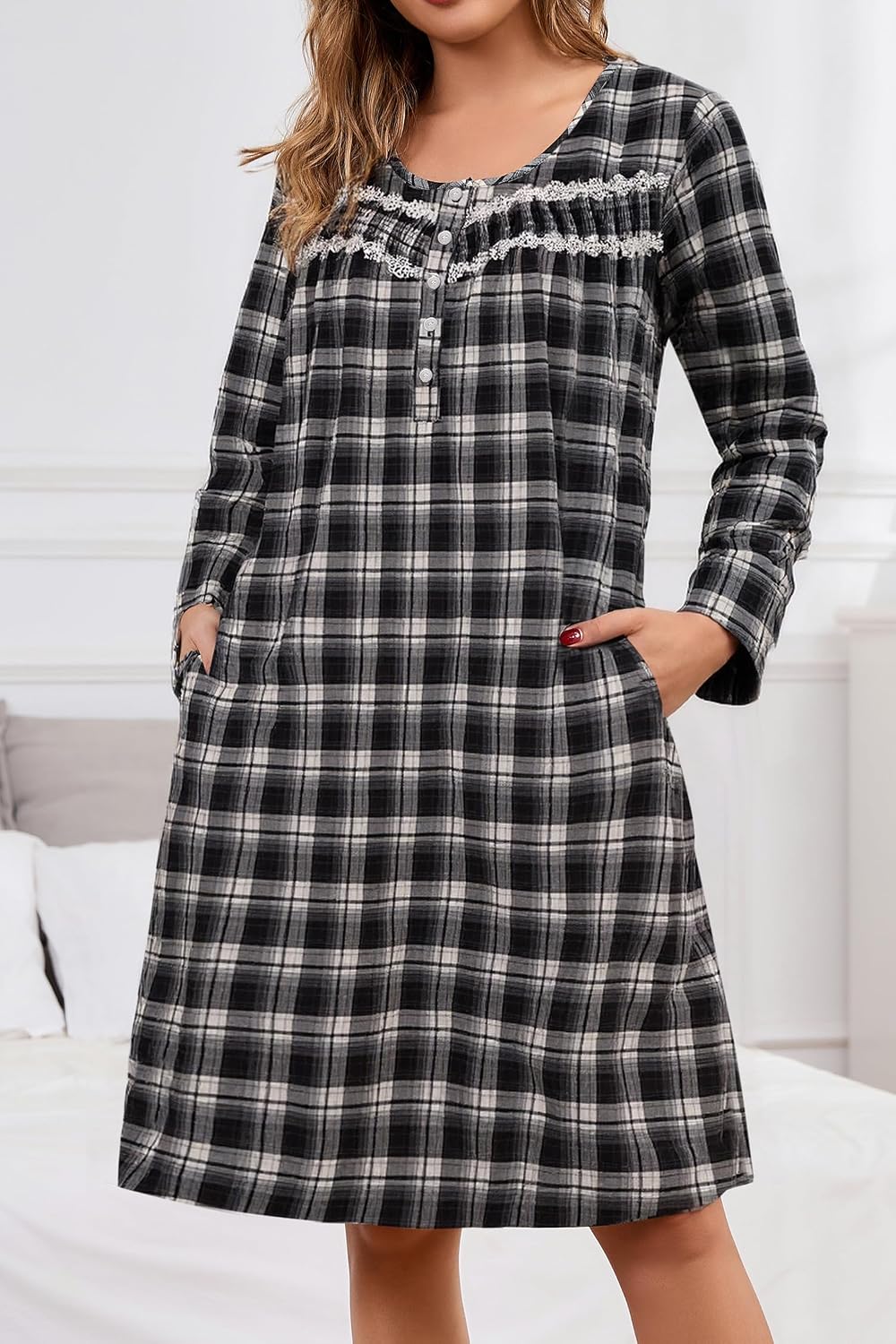 AVIIER Long Sleeve Nightgowns for Women Soft Cotton Night Gwon with Pockets