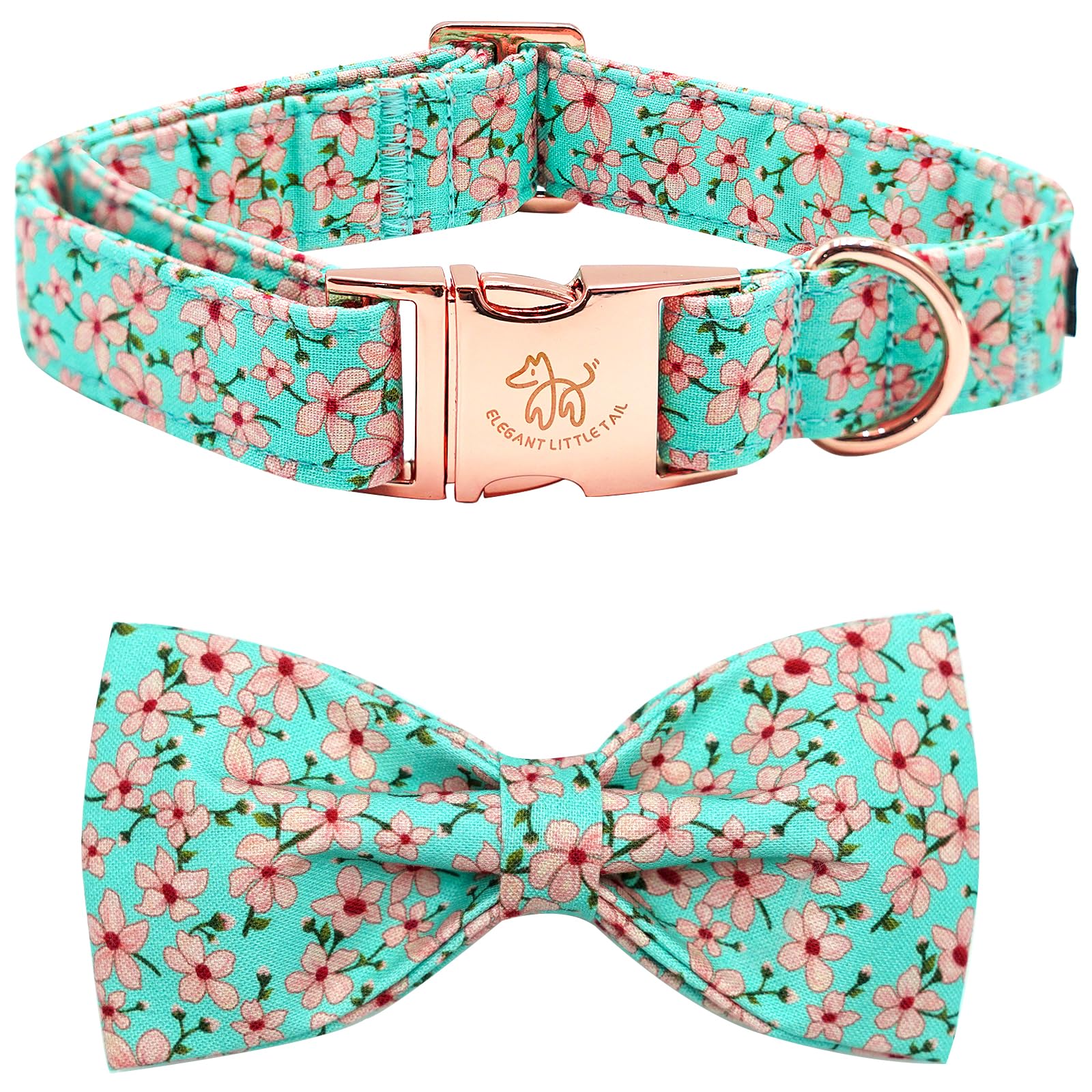 Elegant little tail Dog Collar, Spring Pet Collar with Bow Dog Durable Pink Flower Print Dog Collars Girl Pet Gift Adjustable Dog Collar for Small