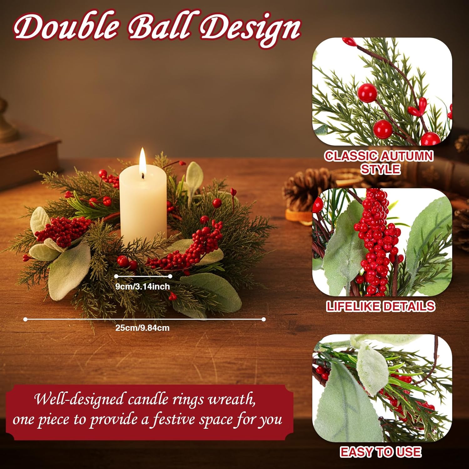 Suncalla 8 Pcs Christmas Candle Rings Wreath Decorations Artificial Red Color Berry Garland Wreaths Pine Garland Norfolk Pine Holder Pillars for Kitchen Cabinet Xmas Home Table Decor (Classic)