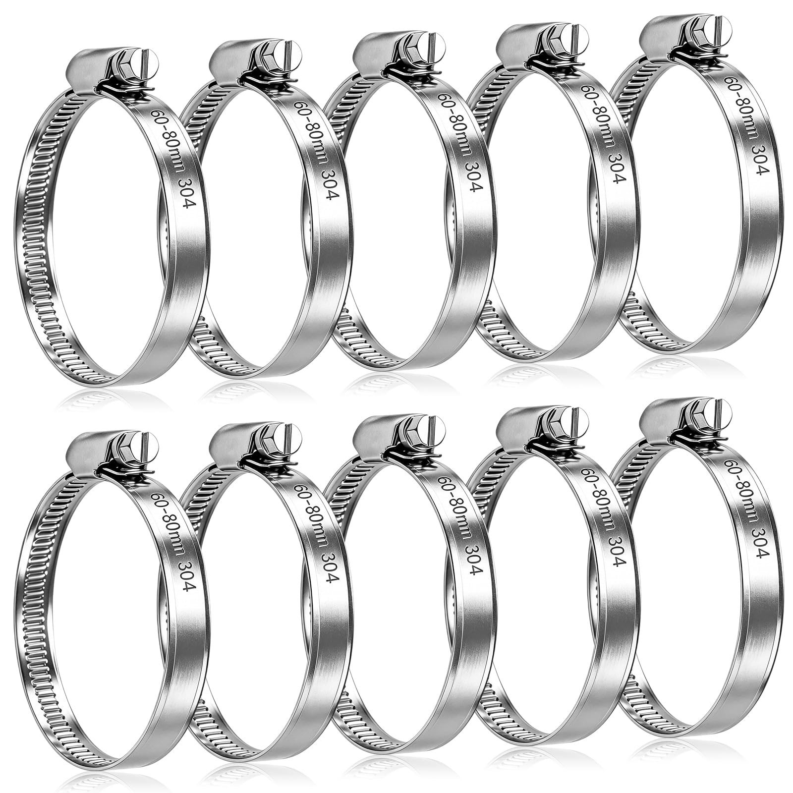 10PCs Jubilee Clips 60-80mm,Hose Clips,Adjustable 304 Stainless Steel Hose Clamps,Pipe Clamps,Worm Drive Pipe Hose Clamps Clip,Jubilee Hose Clip for Exhaust Hose Pipe Fuel Line Garden Connections