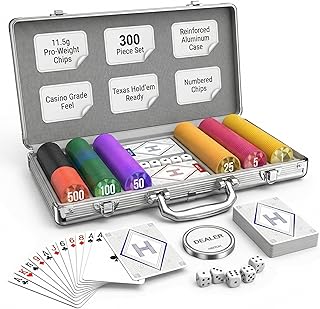 HEITOK Pokerkoffer 300 Chips Set – 11,5g Schwere Pokerchips im Aluminiumkoffer mit 2 Kartendecks, Dealer Button & 5 Würfeln