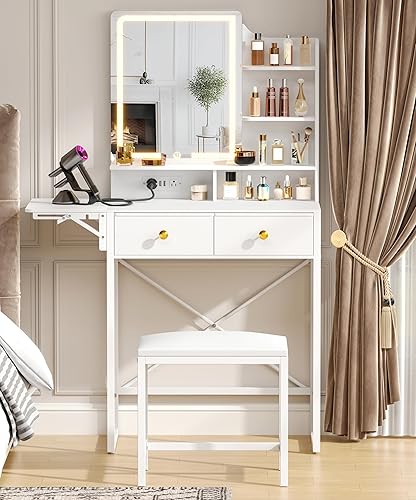 Miniatura 3 de Escritorio de tocador de maquillaje con silla, pequeño escritorio de tocador con espejo y luces, mesa de tocador con estación de carga y panel