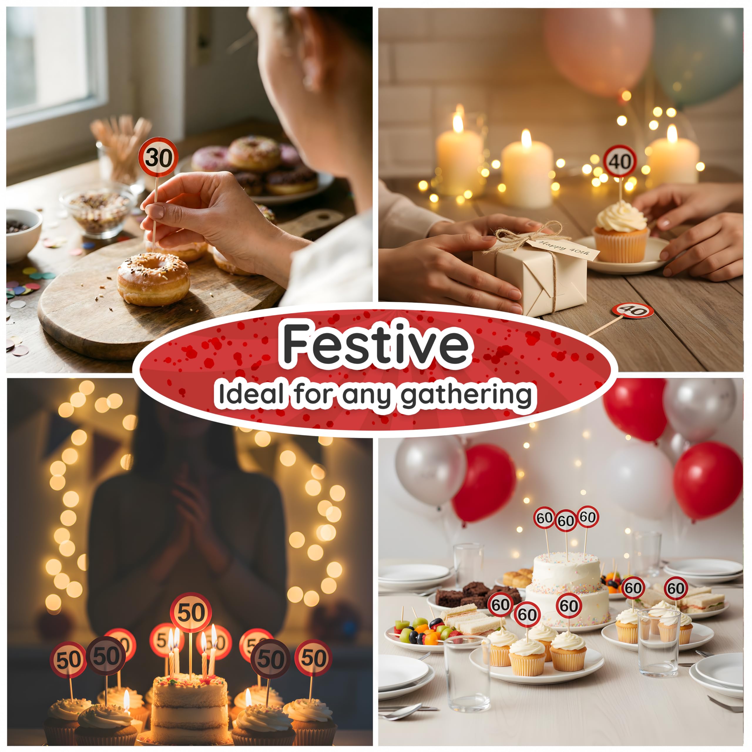 Decorazioni per Il 40° Compleanno – 12 Stuzzicadenti Party Rossi e Bianchi con Il Numero “40” in Stile Cartello Stradale – addobbi Originali e Idee Regalo Divertenti per Uomo e Donna