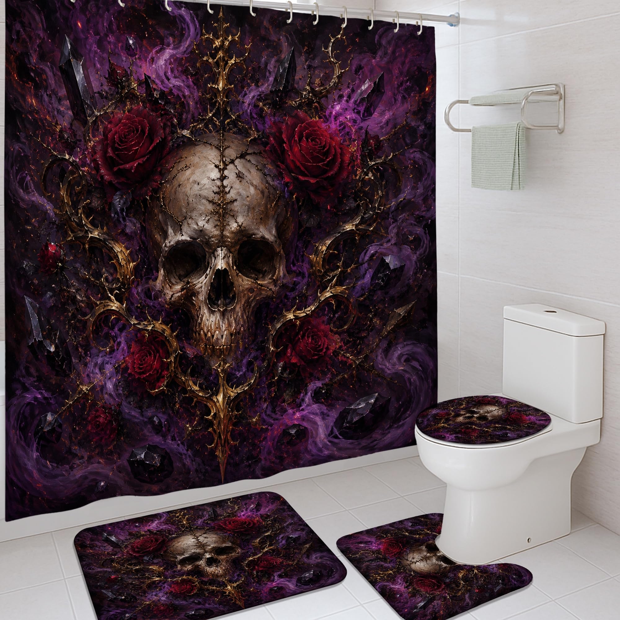 Rideau de douche crâne et roses Halloween noir en tissu imperméable 183x183 cm