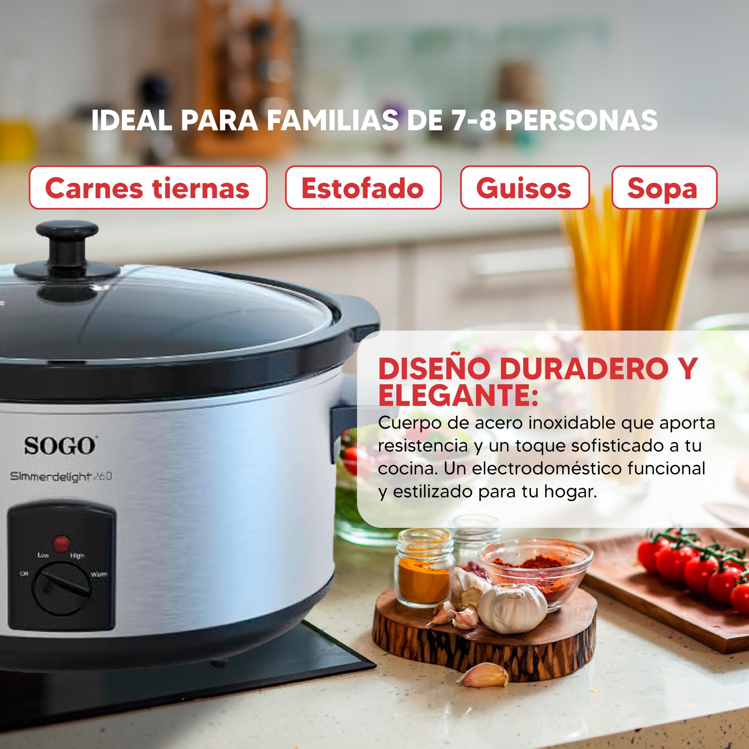 Sogo Pentola a cottura lenta da 5,5 l con 3 funzioni di cottura – Pentola da cucina elettrica con coperchio in vetro temperato per controllo – Pentola da cucina adatta per lavastoviglie con manico