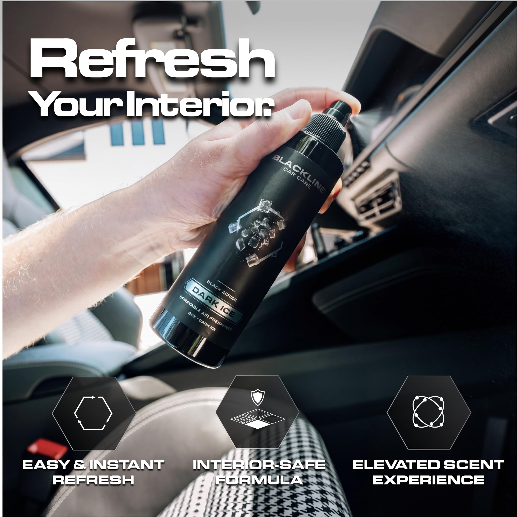 Blackline Car Care - Ambientador de coche Dark Ice, de larga duración, eliminador de olores, para automóviles, camiones, SUV o uso doméstico, 8 onzas líquidas, ambientador de hielo negro, spray de