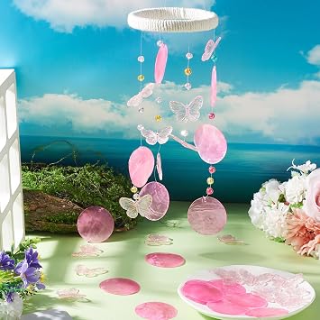1セット 夏 Diy シェル 風鈴 製作キット ピンク ナチュラル カピス シェル アクリル バタフライ ペンダント ドリームキャッチャー Diy クラフト 作り 竹 リンク リング ナイロン ワイヤー 綿糸 鉄 S フック