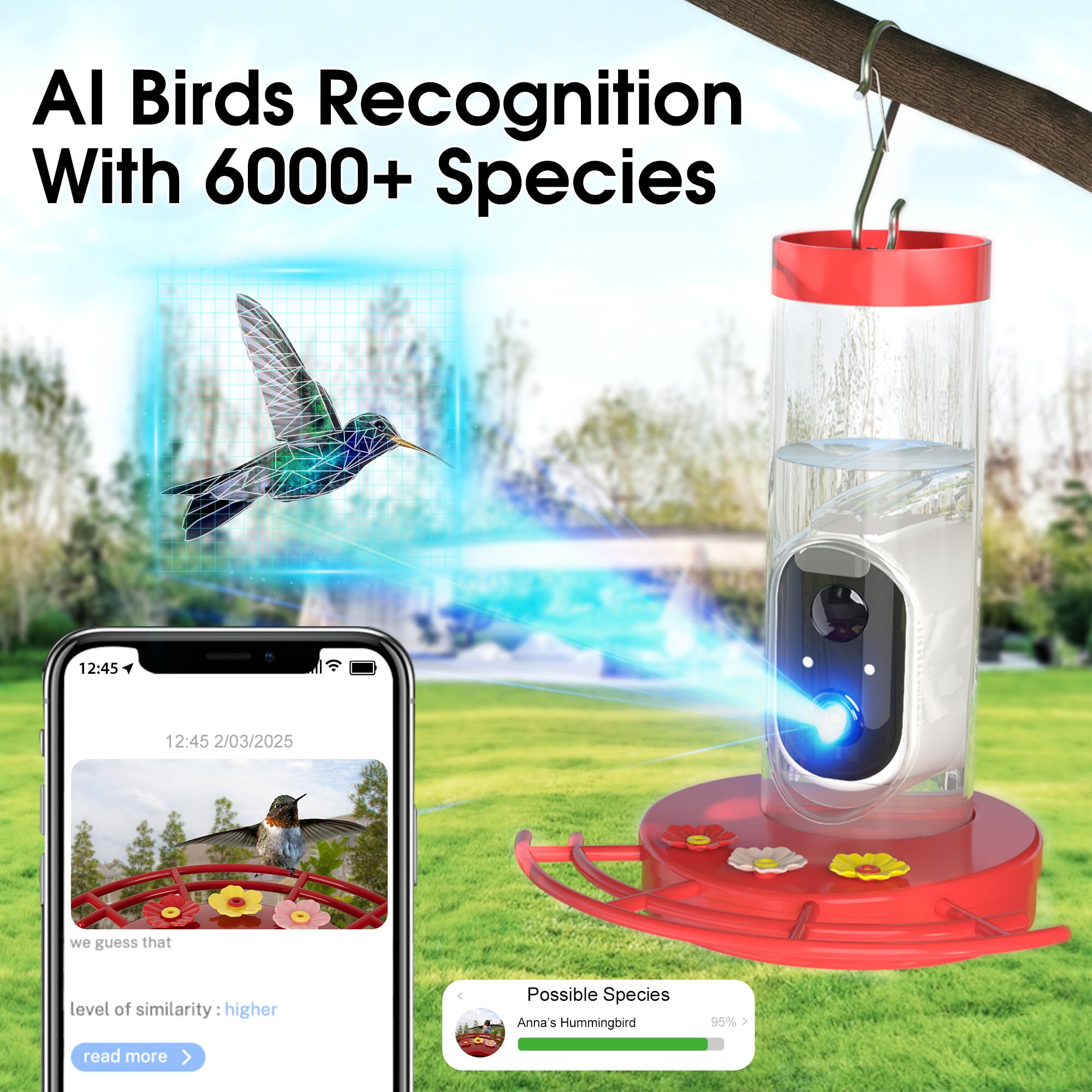 Mangiatoia Intelligente Per Colibrì Con Fotocamera HD 1080P E AI – Riconoscimento 10.000 Specie, Deterrente Scoiattoli, Energia Solare