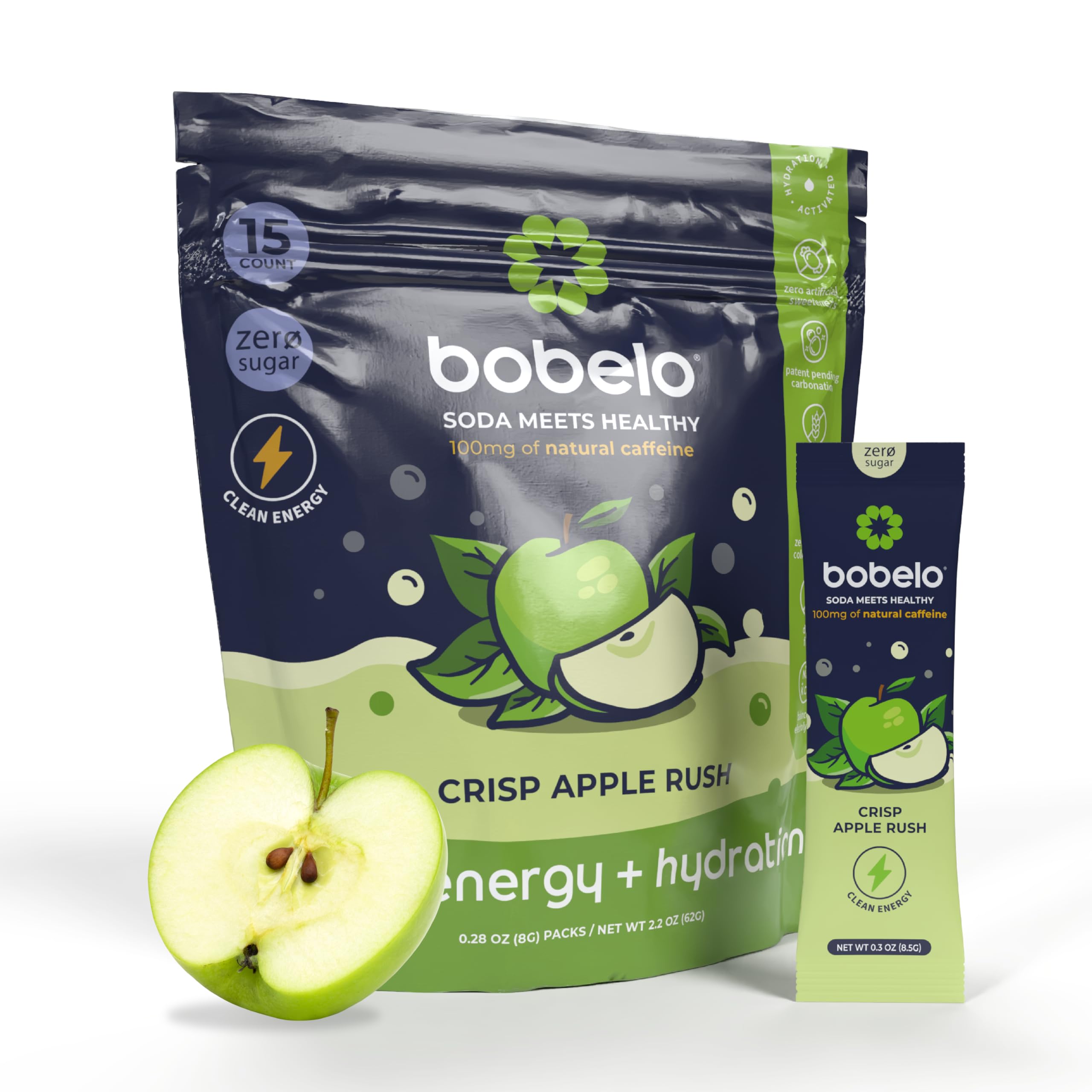 Self Carbonating Hydration Packets - Crisp Apple Rush Flavor (15ct) | Low Calorie Electrolyte Drink Mix | Keto Friendly, Sugar Free Water Enhancer | Soda Sparkling Water Alternative