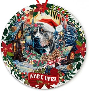 Dinoz Merry Christmas American Pitbull Dog Stained Glass Tree, Santa Clause House Peronalized Name Both Sided Print Ceramic Round Circle Ornaments Keepsake Gifts for House Decorations