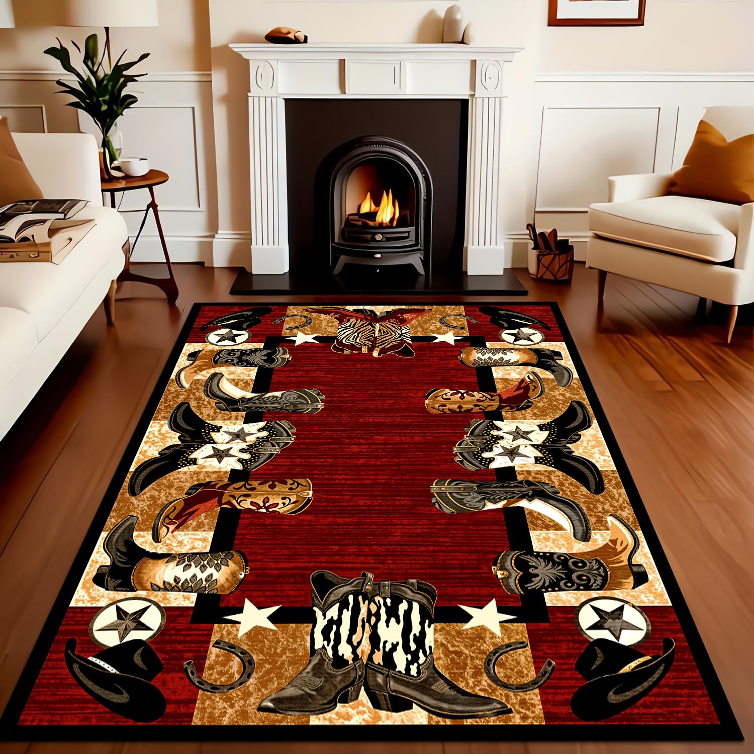 Western Cowboy Boots Area Rug, Rustic Country Style Rug with Hat, Horseshoes and Stars – Red and Brown Rodeo Theme Rug for Living Room, Bedroom, Cabin