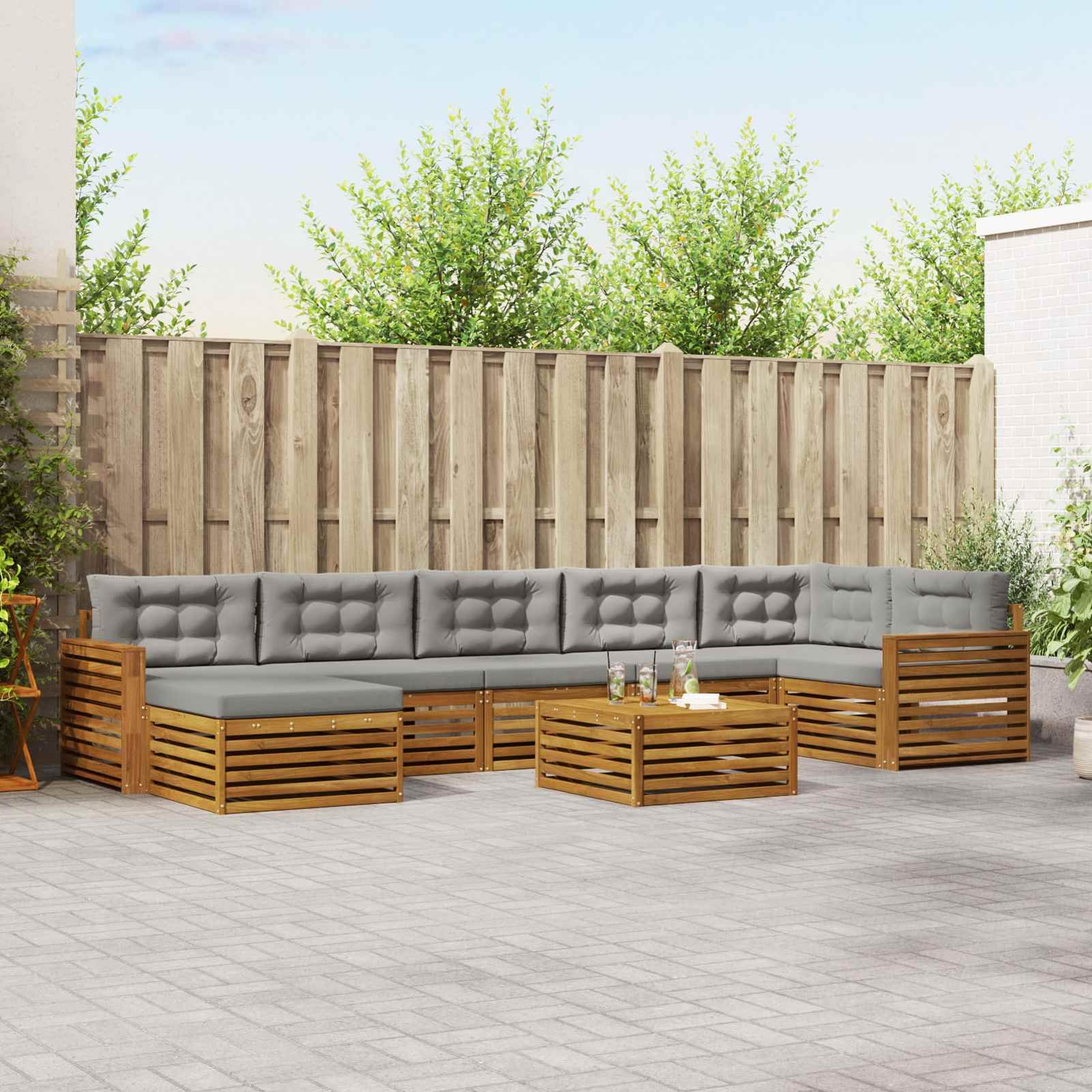 Anself Set di divani da esterno 8 pcs Grigio Naturale e Chiaro design a doghe texture di legno naturale cuscini spessi 8 cm per giardino patio3373866