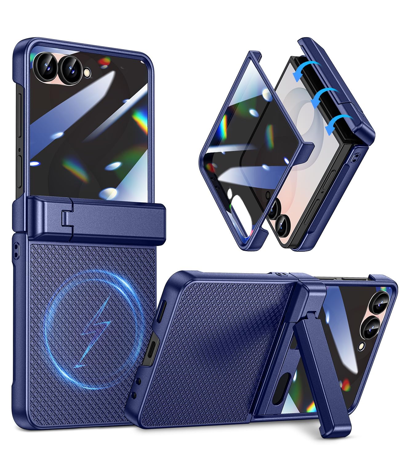 Goton Magnetic for Samsung Galaxy Z Flip 8 Case with Hidden Kickstand, Blue | with Built-in Privacy Screen Protector & Hinge Protection, Compatible with MagSafe, Shockproof Non-Slip Textured Phone Cover Blue Galaxy Z Flip 8