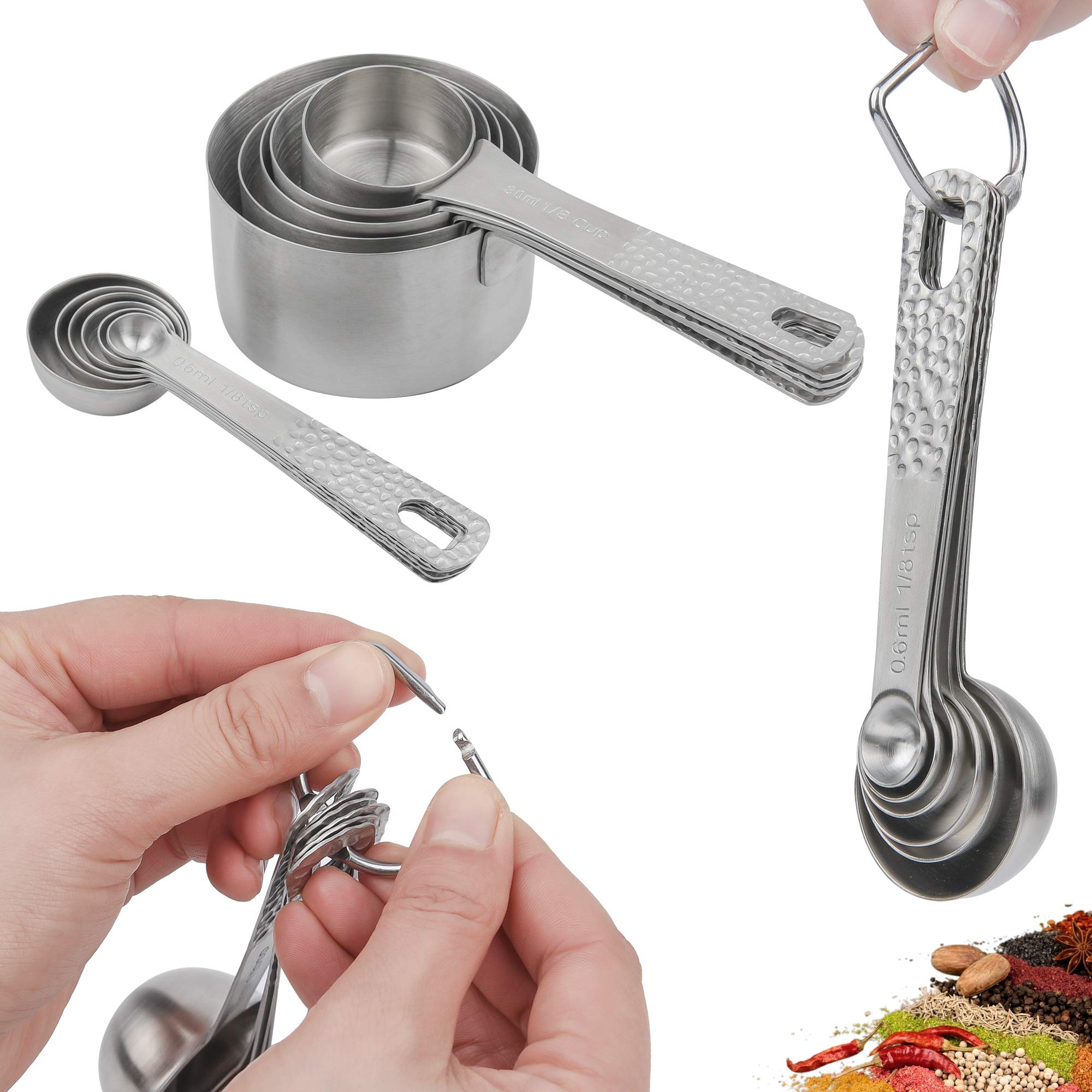 MALOGIC Smithcraft 18/8 (304) Stainless Steel Measuring Cups and Spoons Set of 15 Pieces: 5 Measure Cups and 6 Measurer Spoons and 1 Leveler and 1 Measurement Equivalents and 2 Rings Holder