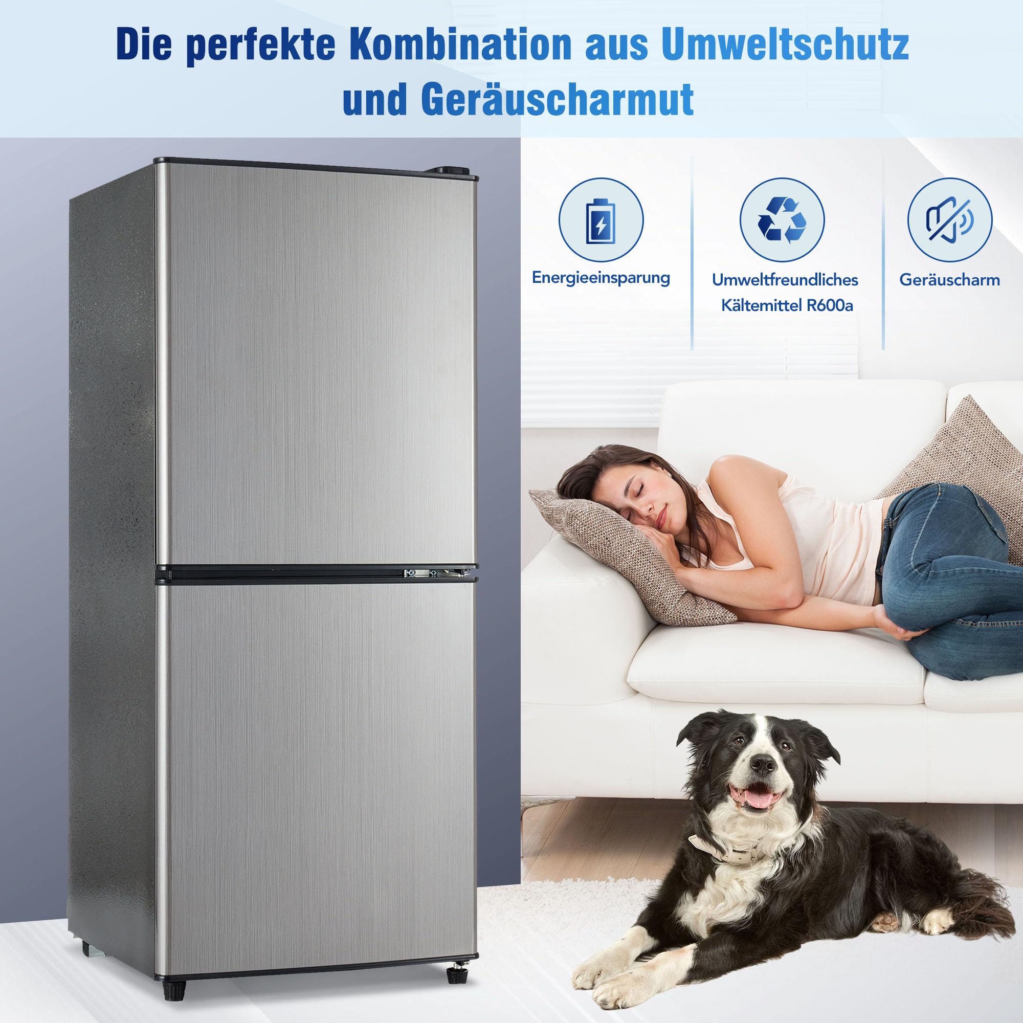 Merax Dwustrefowa lodówka energooszczędna 106 l: lodówka 60 l + 46 l 4-gwiazdkowa zamrażarka, 7 ustawień temperatury, kolor szaro-srebrny, oświetlenie LED, regulowane półki, 166 kWh/rok
