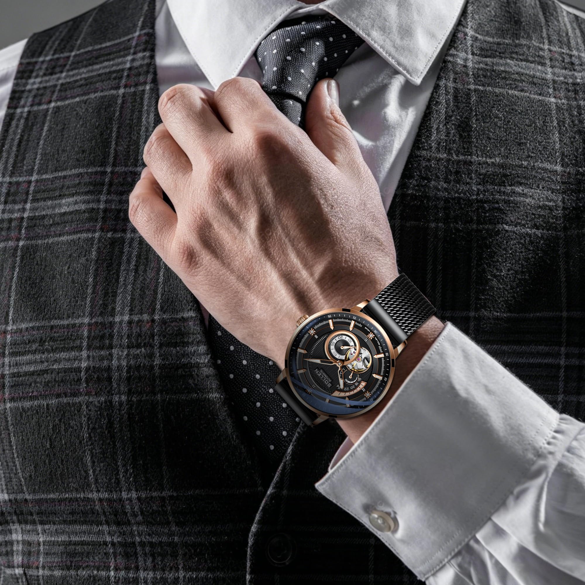 SOLLEN Skelett Automatik Uhr Herren,Automatische Herrenuhren mit Sekundenzeiger & 24-Stunden-Rufnummer,Minimalistische Herrenuhr Luxus,Originales Mechanisches Uhrwerk,Klassische Uhrengeschenk für Mann