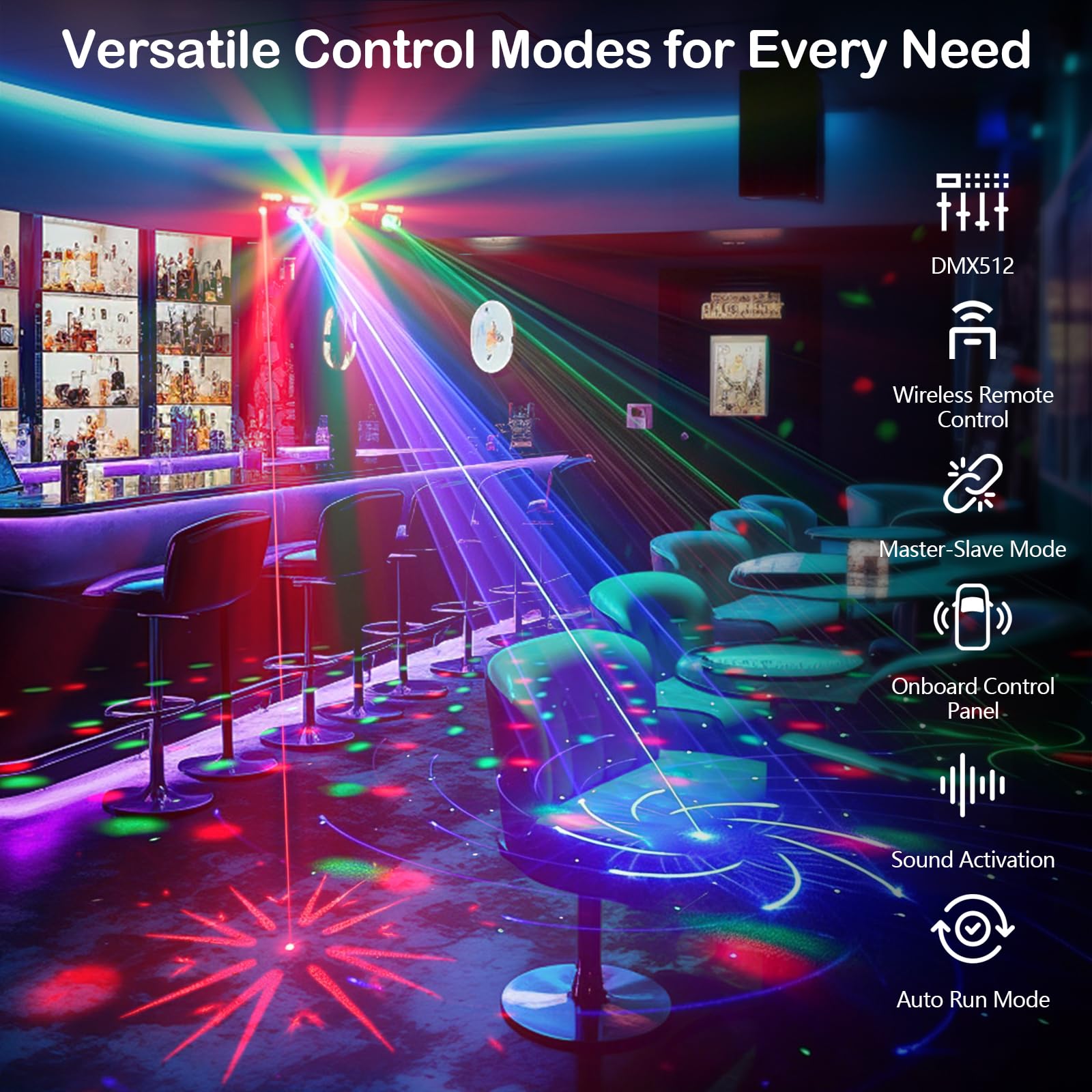Luz DJ disco con control musical compatible DMX512, luces de escenario con estroboscopio, UV y bola de espejos, con mando a distancia, para club, bodas, Halloween, fiestas y uso doméstico
