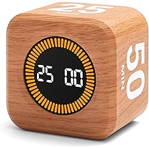Exlliy Rotating Productivity Timer 5, 25, 10, 50 Minutes Preset, Desk Cube w/Gravity Sensor for ADHD, Mute Functions, Ideal for Work, Study, Kitchen, Back to School (1, Wood Grain Finish)