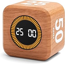 Rotating Productivity Timer 5, 25, 10, 50 Minutes Preset, Desk Cube w/Gravity Sensor for ADHD, Mute Functions, Ideal for Work, Study, Kitchen, Back to School (1, Wood Grain Finish)