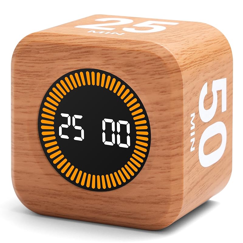 Rotating Productivity Cube Timer, 5/25/10/50 Min Presets, Wood Grain Wood Grain Finish
