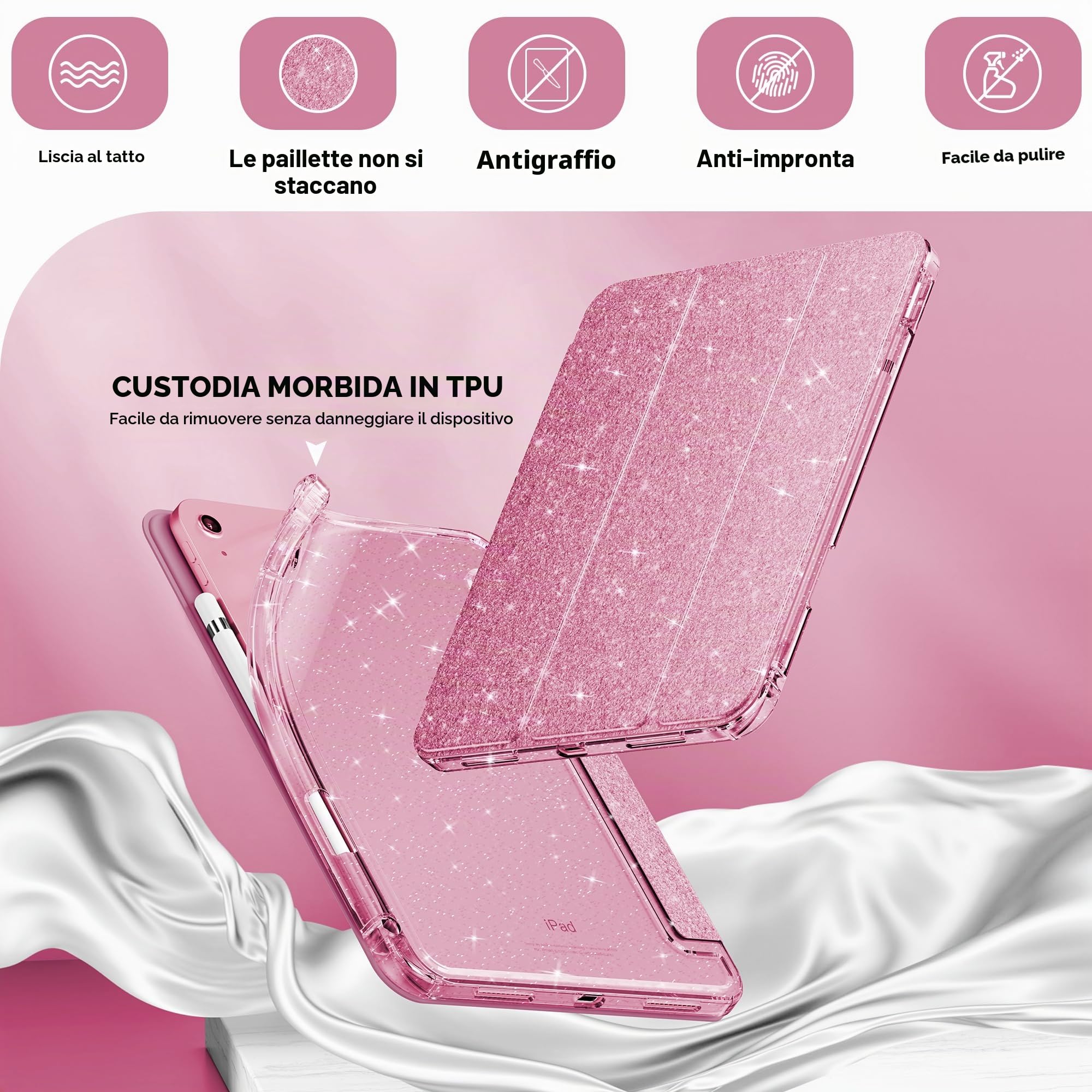 INFILAND Custodia iPad 11 Generazione A16 11 Pollici 2025, iPad 10 Generazione 10,9 Pollici 2022, Glitterata Retro Trasparente Brillante Portapenne Rosa