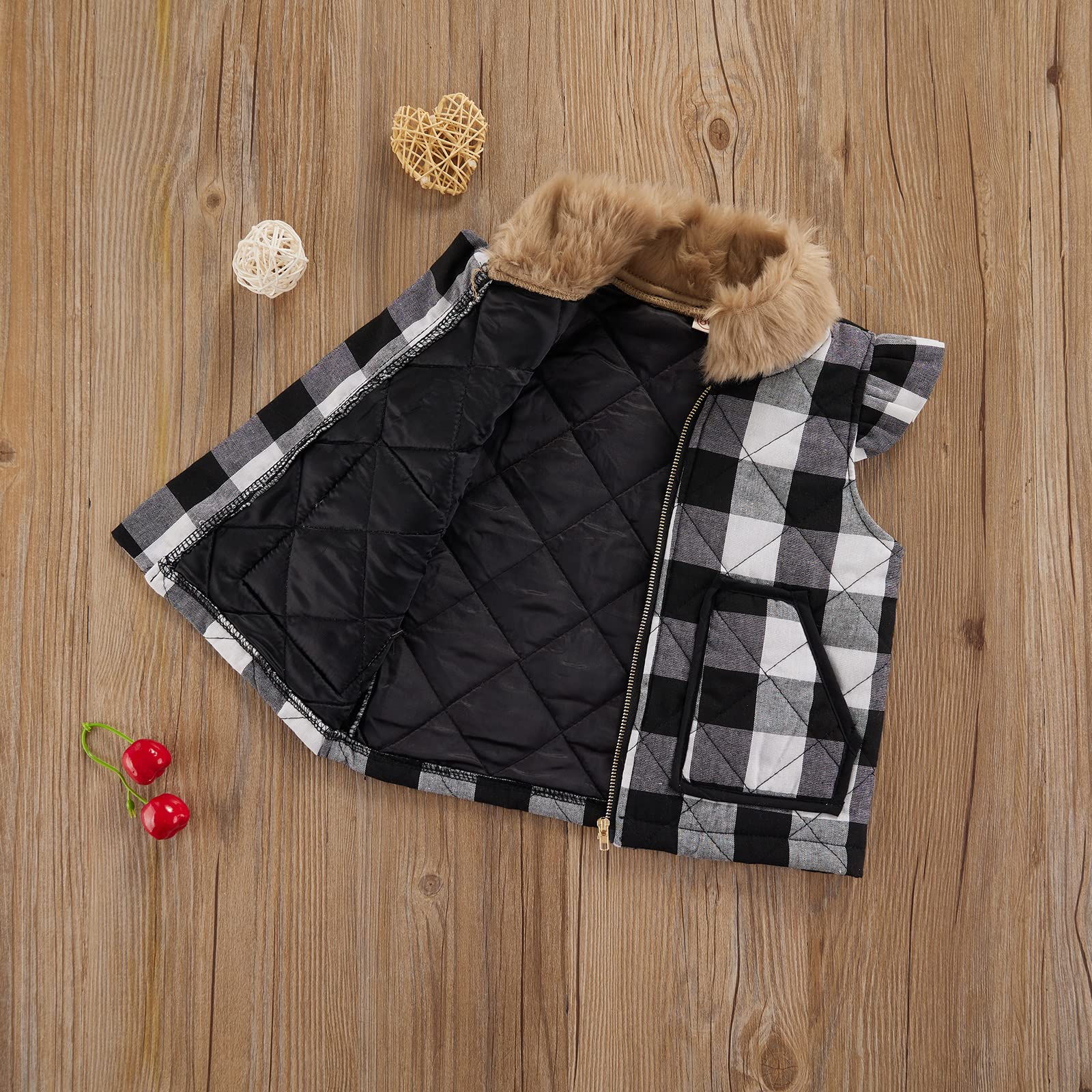 Toddler Baby Girl Boy Vest Coat Sleeveless Christmas Plaid Jacket Warm Waistcoat Fall Winter Outwear with Pockets (Faux Fur Neck-Black,4-5T)