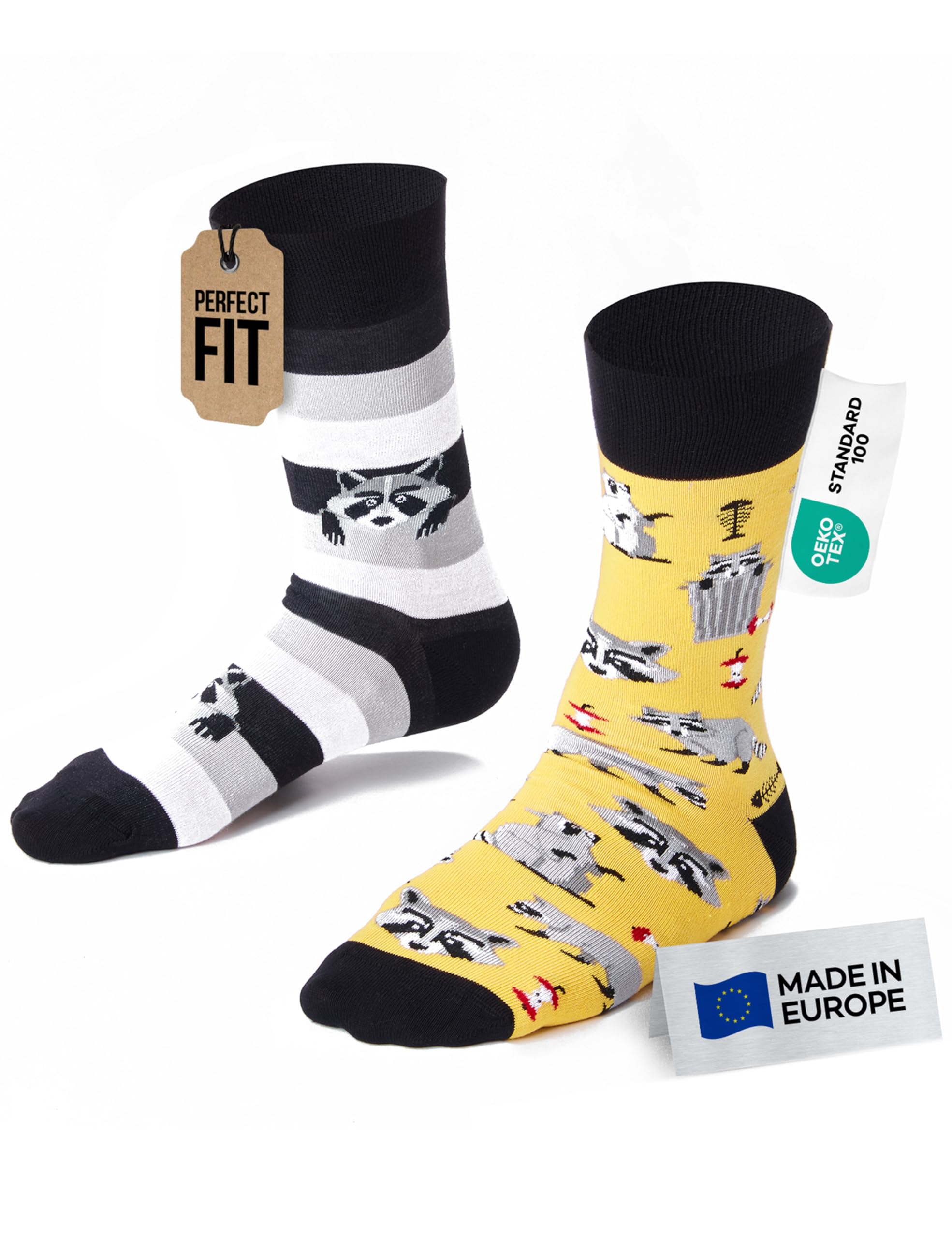 Many Mornings - Calzini Sneaker Bassi Spaiati - Raccoon Bandit - Cotone - Colori Nero, Giallo, Grigio