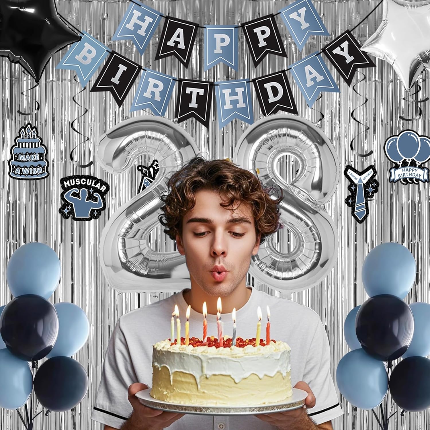 28th Birthday Decorations, Dusty Blue 28 Birthday Decorations for Men Women, Blue Sliver Black Birthday Party Decor with Happy Birthday Banner, Number Balloons, Foil Balloons, Swirl - Image 4