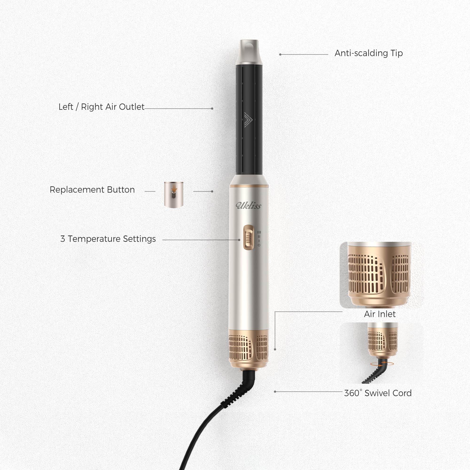 UKLISS 5 in 1 Hairstyler - Airstyler Pro Hair Styler Set 1000w Haarstyler | Rundföhnbürste zum Trocknen und Stylen mit Air Curler, Föhnbürste, Warmluftbürste, Haartrockner, Glättbürste - Silber Gold